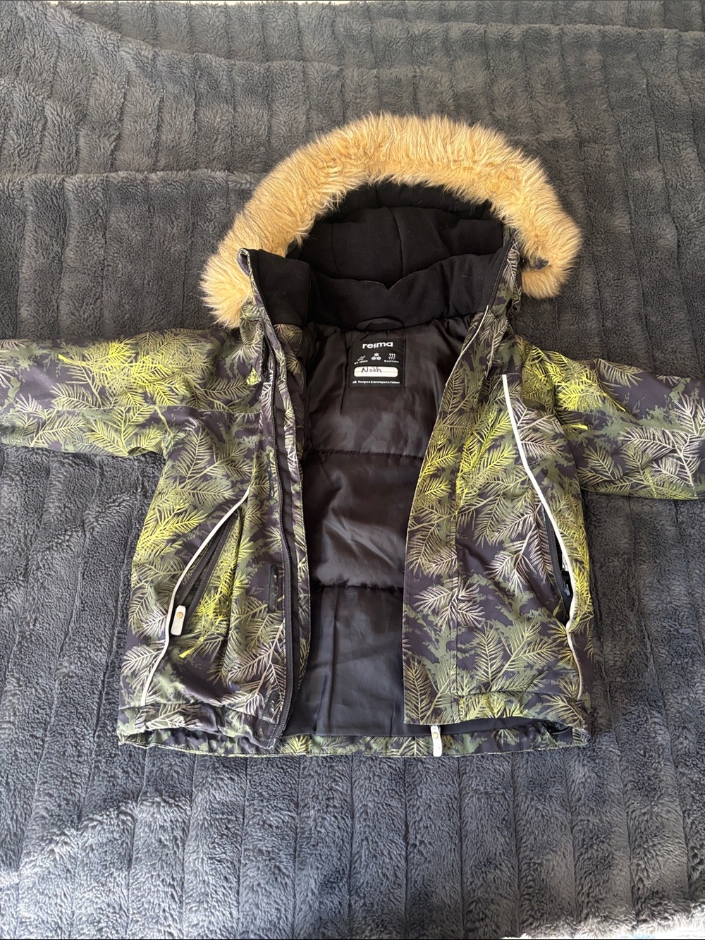 Reima Kids' Green Palm-Print Puffer Jacket with Faux-Fur Hood